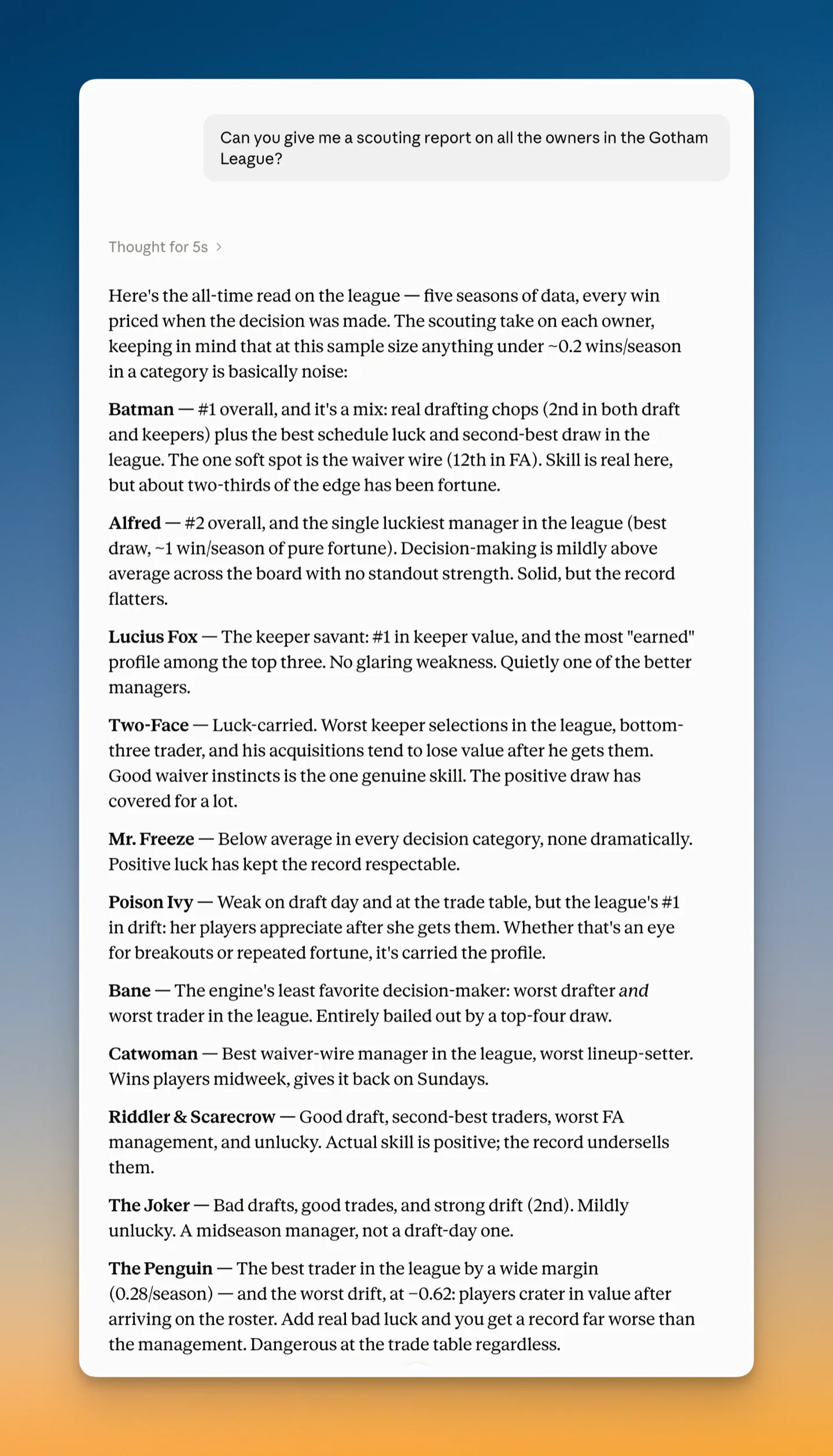 Claude's scouting report on every manager in a 12-team league: a paragraph each on drafting, keepers, trades, waiver work and luck over five seasons