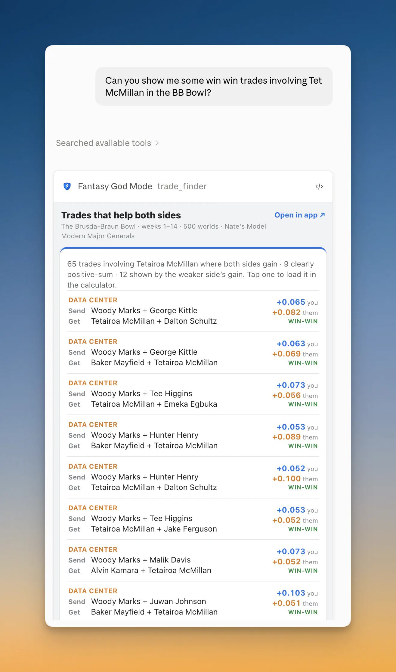 The trade finder filtered to one player: 65 trades involving Tetairoa McMillan where both sides gain, each showing the projected-wins change for you and for the other team