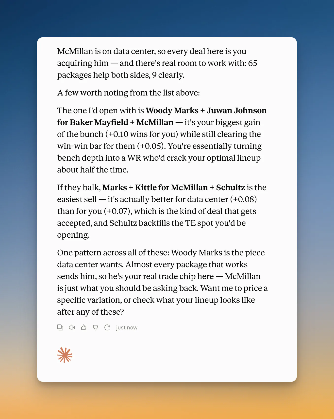 Claude's write-up of the list: the offer to open with, the easier sell if they balk, and the observation that one bench player is the piece the other team actually wants