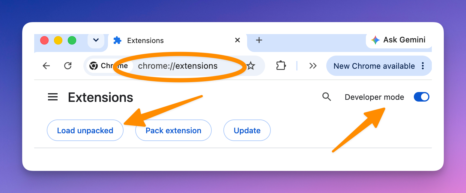 Chrome's extensions page (chrome://extensions) with Developer mode switched on and the Load unpacked button