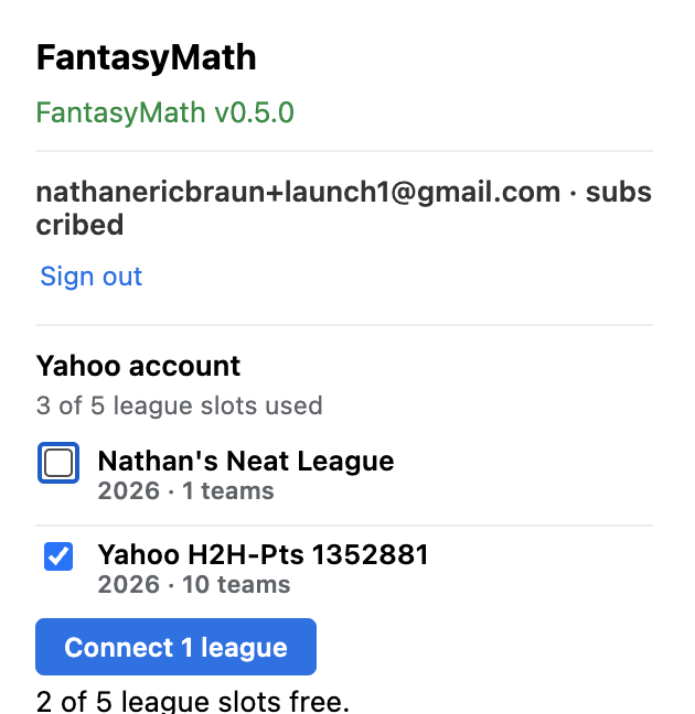 The popup on Yahoo listing the account's leagues with checkboxes
