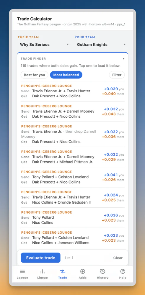 Trade finder listing 119 trades where both sides gain, each with the projected win change for you and for them